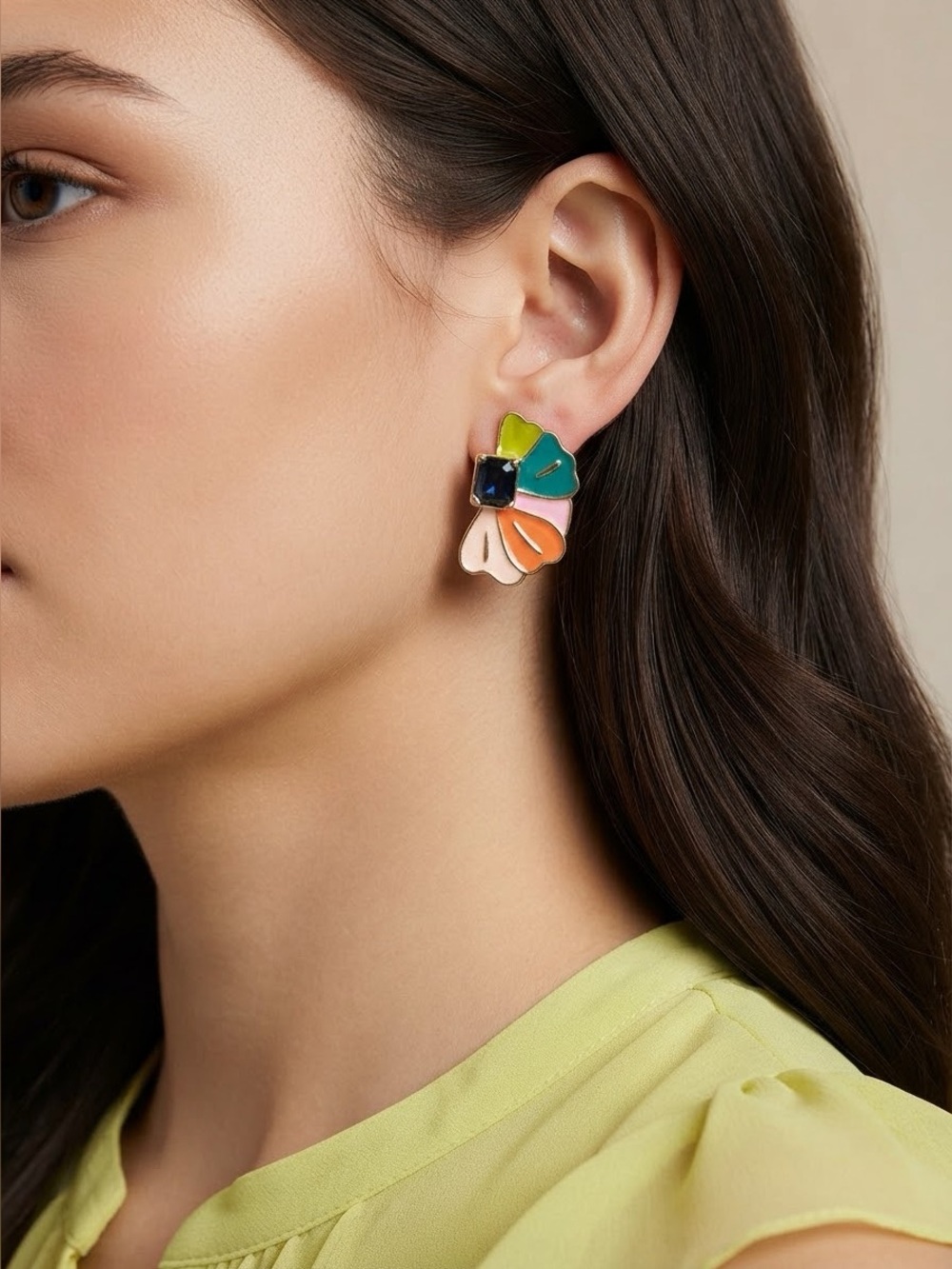 Multicolor Floral Stud Earrings | Enamel Petal Blue Stone